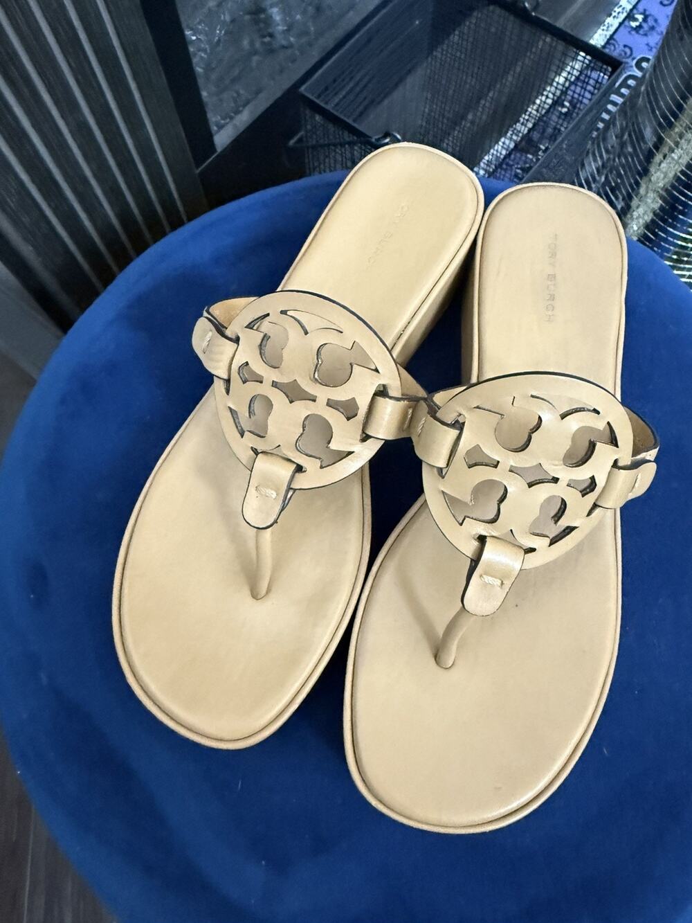 TORY BURCH Miller Wedge Platform Leather Sandals Beige Size 9